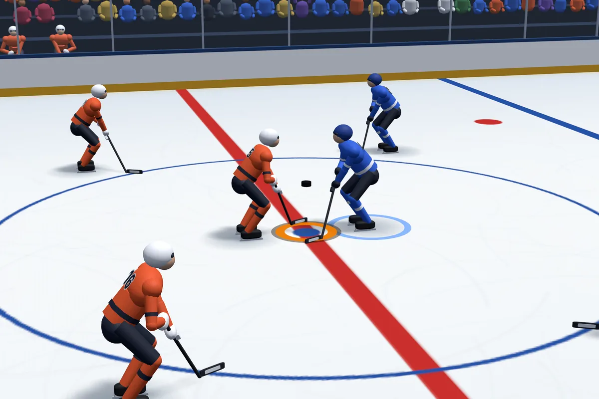 In the game: two centres wait at the centre-ice dot as the puck falls between them, with their wingers alongside.