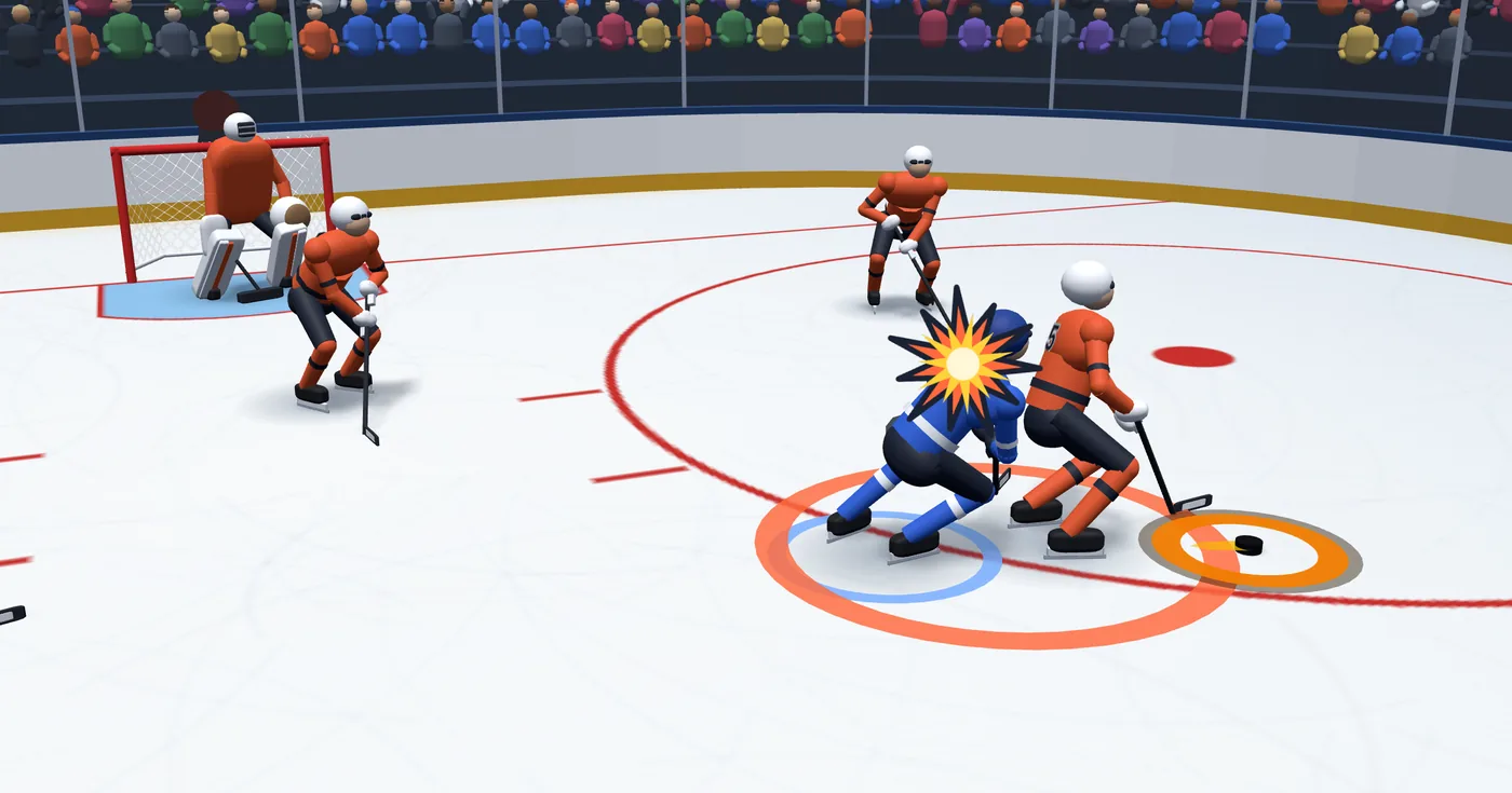 In the game: a blue skater drives his shoulder into an orange carrier at the faceoff circle, with an impact star where they meet.