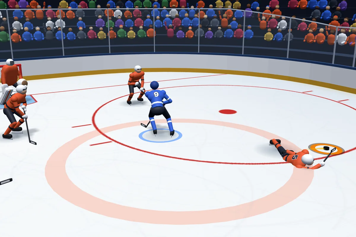In the game: the blue skater who threw the check stays up while the orange carrier slides on his side beside the loose puck.