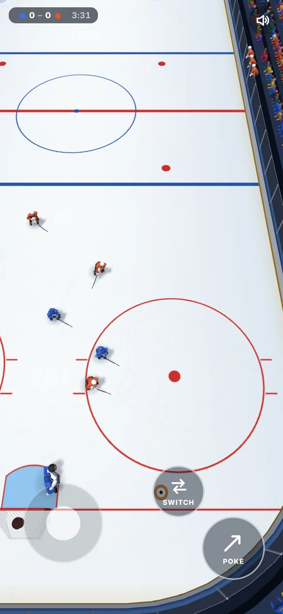 The game on a phone held upright: the rink from above, the stick at the bottom left and two buttons at the bottom right.
