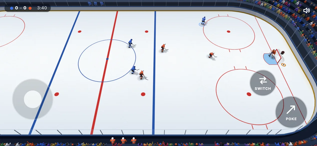 The game on a phone held sideways: most of the rink in view, the stick on the left and the buttons on the right.